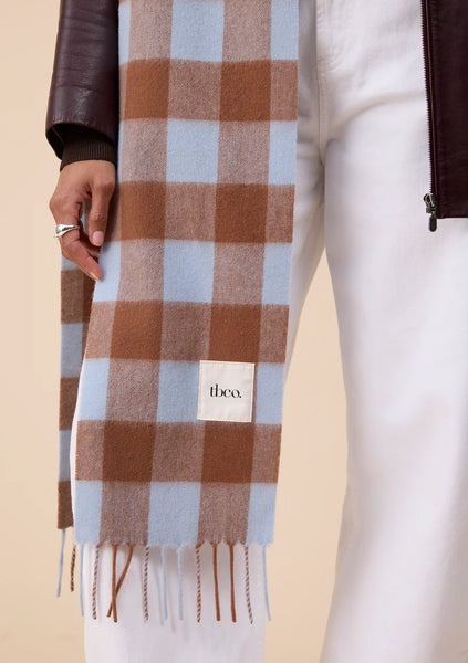Lambswool Skinny Scarf in Blue and Brown Gingham