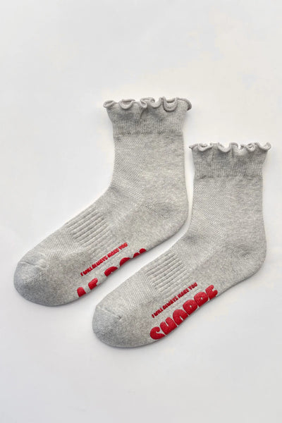 Ruffled Hugger Crew Socks - Vintage Grey/Red