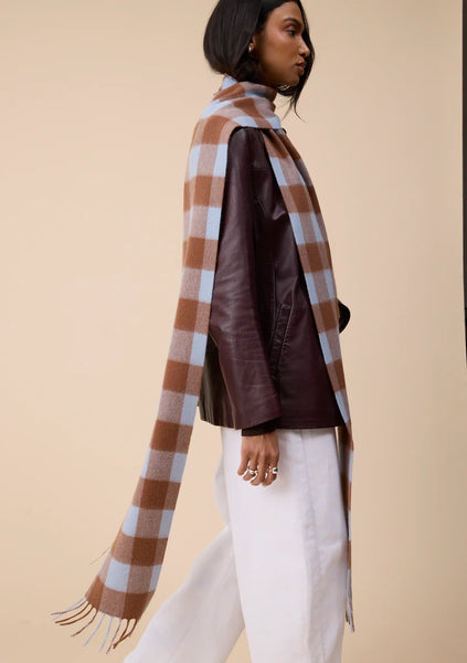 Lambswool Skinny Scarf in Blue and Brown Gingham