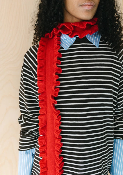 Merino Wool Skinny Scarf in Red Ruffle