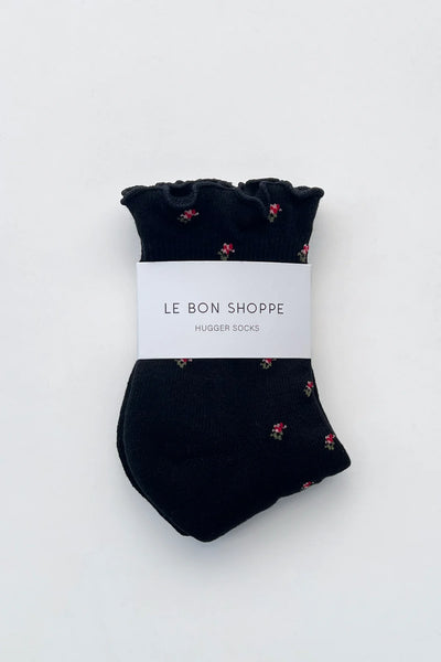 Petal Ruffled Hugger Crew Socks - Black Floral
