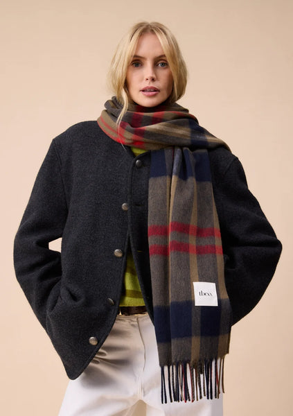 Lambswool Oversized Scarf in Green and Blue Modern Check