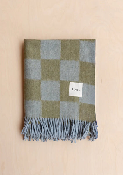 Recycled Wool Blanket in Blue and Green Checkerboard