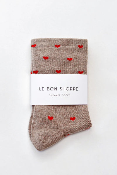 Heart Sneaker Socks - Latte/Red