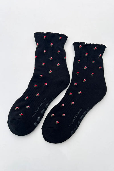 Petal Ruffled Hugger Crew Socks - Black Floral