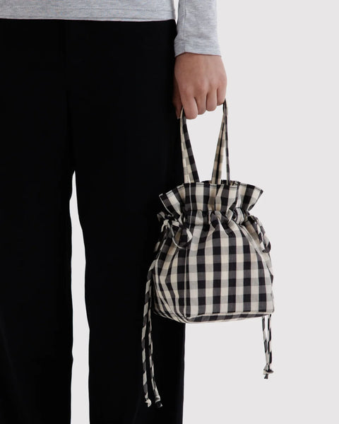 Nylon Drawstring Bag - Black Gingham