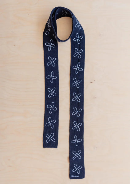 Merino Wool Skinny Scarf in Navy Flora