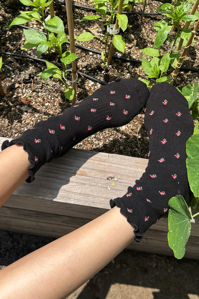 Petal Ruffled Hugger Crew Socks - Black Floral