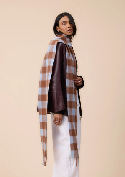 Lambswool Skinny Scarf in Blue and Brown Gingham