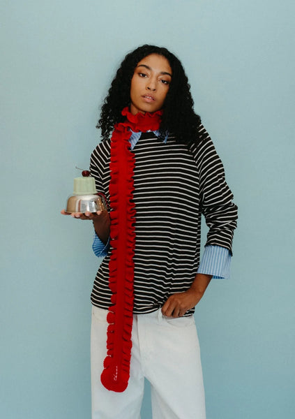 Merino Wool Skinny Scarf in Red Ruffle