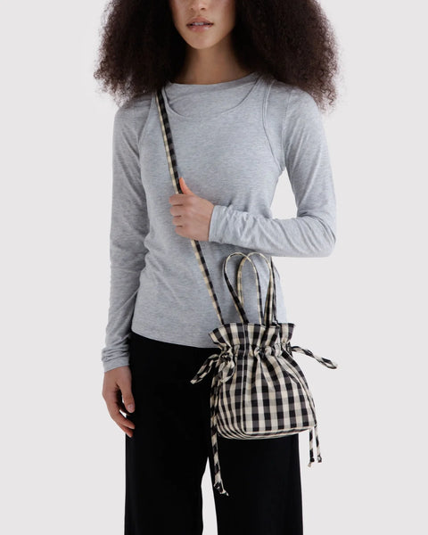 Nylon Drawstring Bag - Black Gingham
