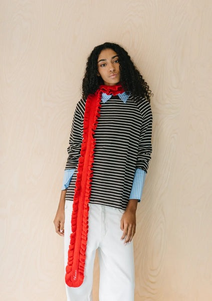 Merino Wool Skinny Scarf in Red Ruffle
