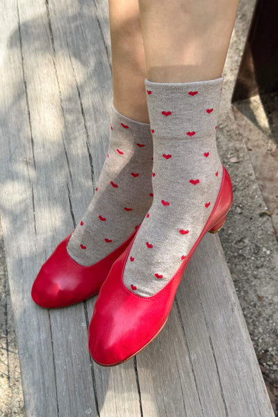 Heart Sneaker Socks - Latte/Red