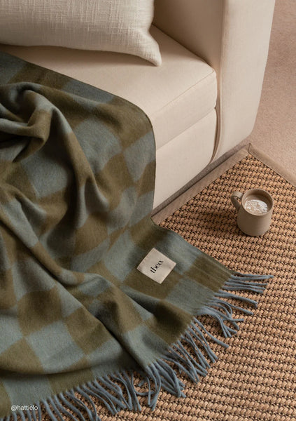 Recycled Wool Blanket in Blue and Green Checkerboard
