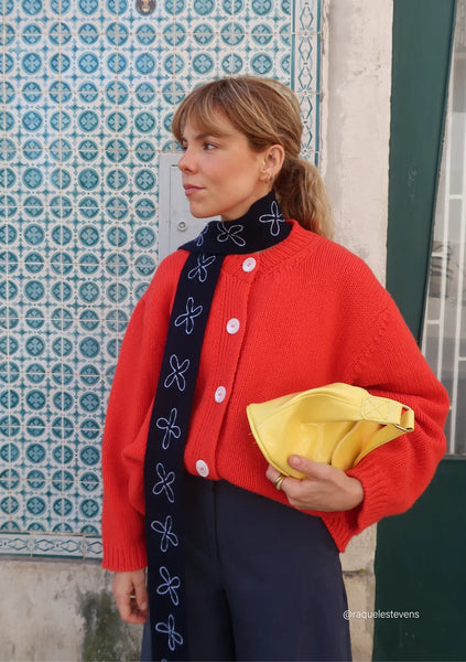 Merino Wool Skinny Scarf in Navy Flora