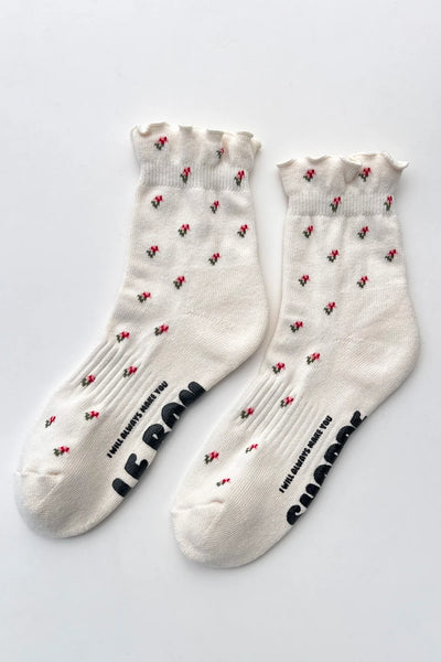 Petal Ruffled Hugger Crew Socks - Cream/Floral