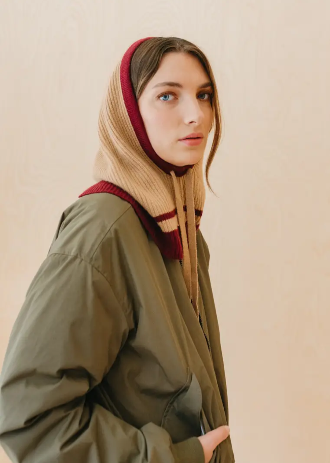 Merino Hood - Camel and Burgundy