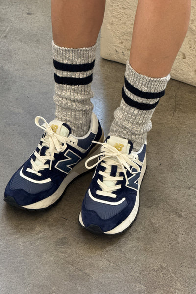 Cottage Varsity Socks - Light Grey Navy Stripe