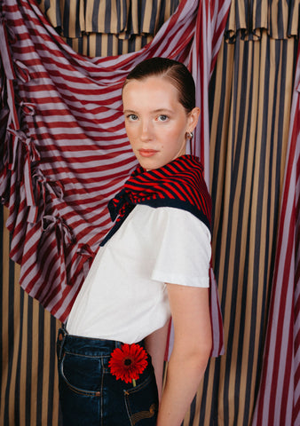 Merino Triangle Scarf - Navy and Red Stripe