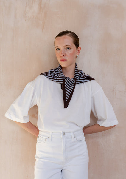 Merino Triangle Scarf - Brown and Blue Stripe