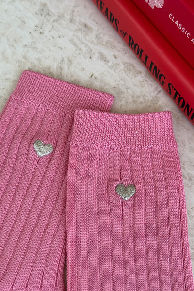 Embroidered Her Socks (MC cotton) - PINK WATER + HEART