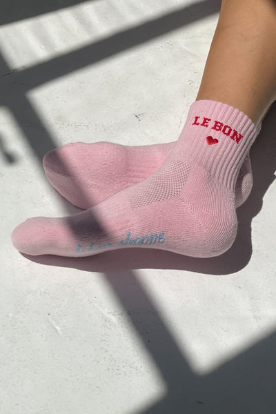 Embroidered Crew Socks - Strawberry Milk