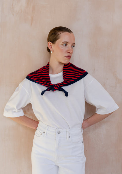 Merino Triangle Scarf - Navy and Red Stripe