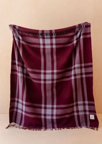 Recycled Wool Blanket in Modern Burgundy Tartan